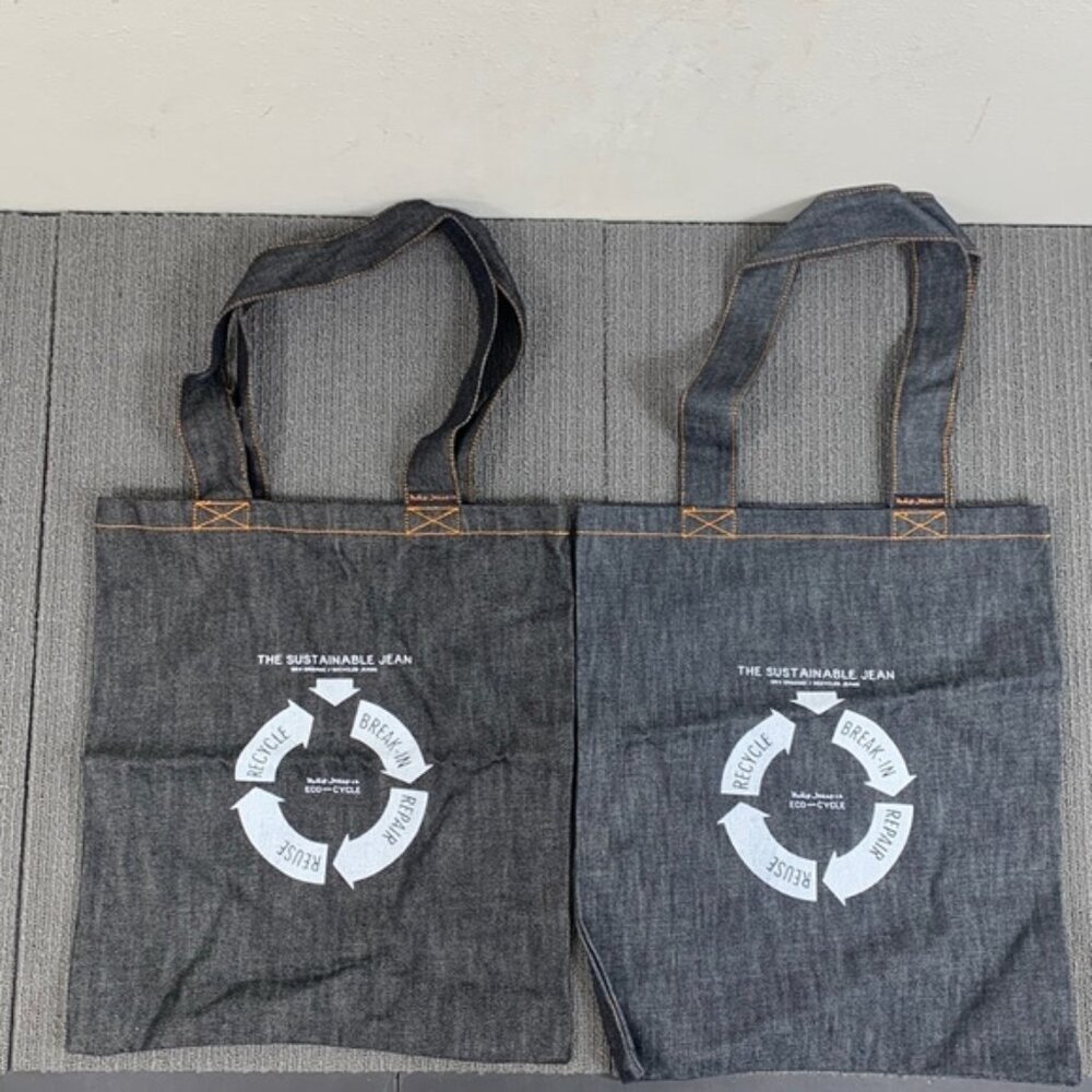 2 Nudie Jeans Denim Bags Black & Dark Blue Printed Dry Recycle Tote Shopping Bag